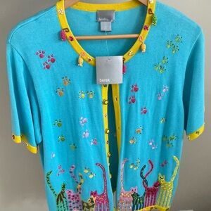 Berek Teal Cat Cardigan with Yellow Trim and Embroidery